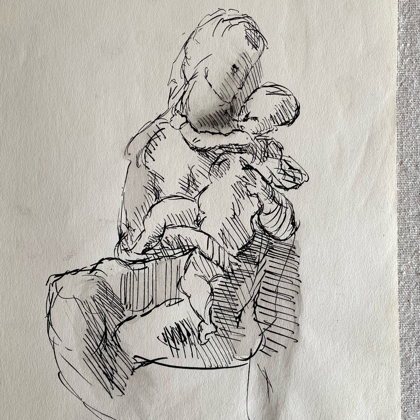 Vintage Original Ink Drawing, Woman + Child