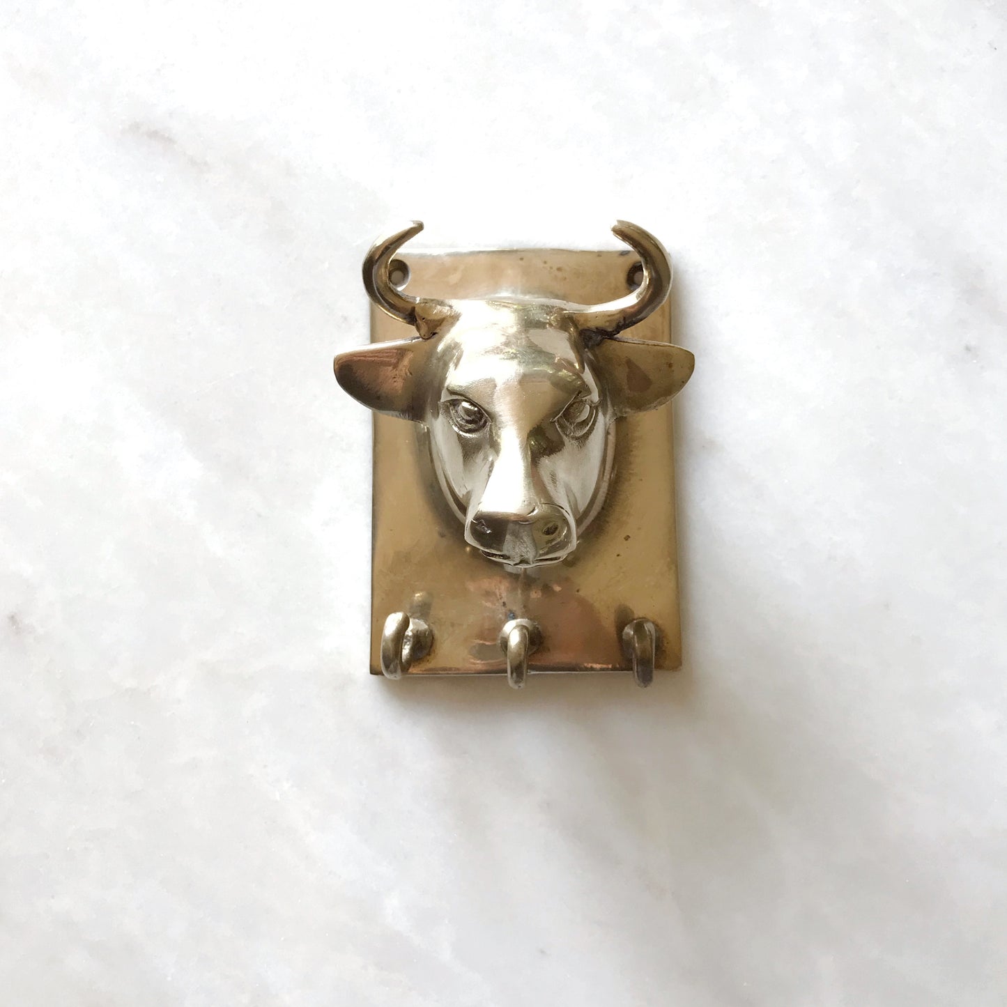Vintage Brass Bull Wall Piece with Hooks