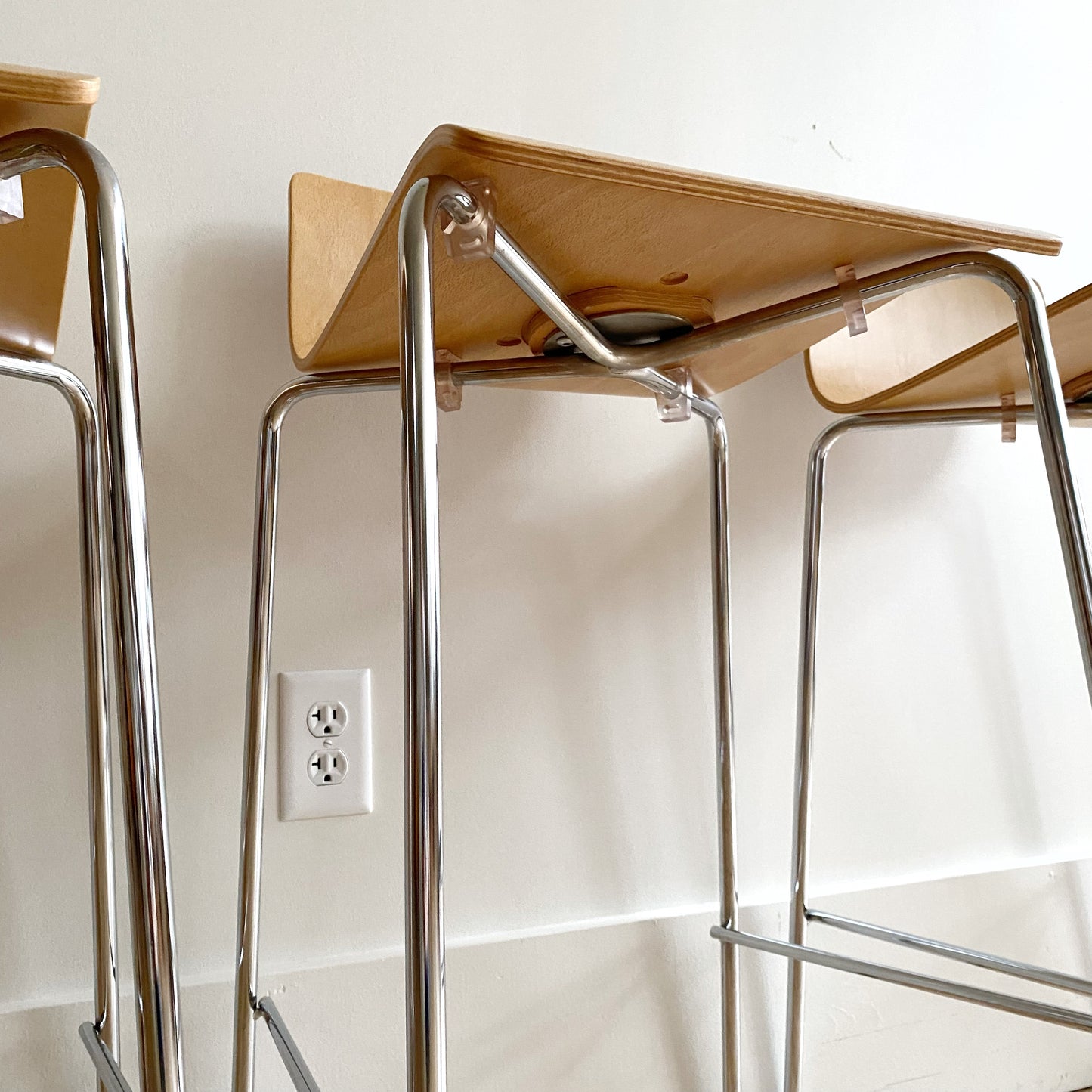 S/3 Contemporary Wood + Chrome Bar Stools