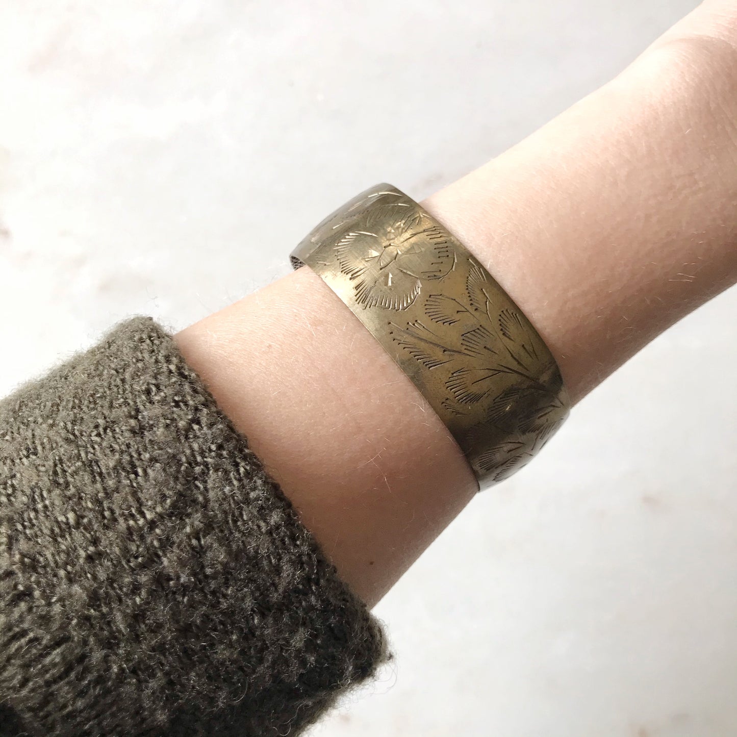 Vintage Etched Brass Cuff Bracelet