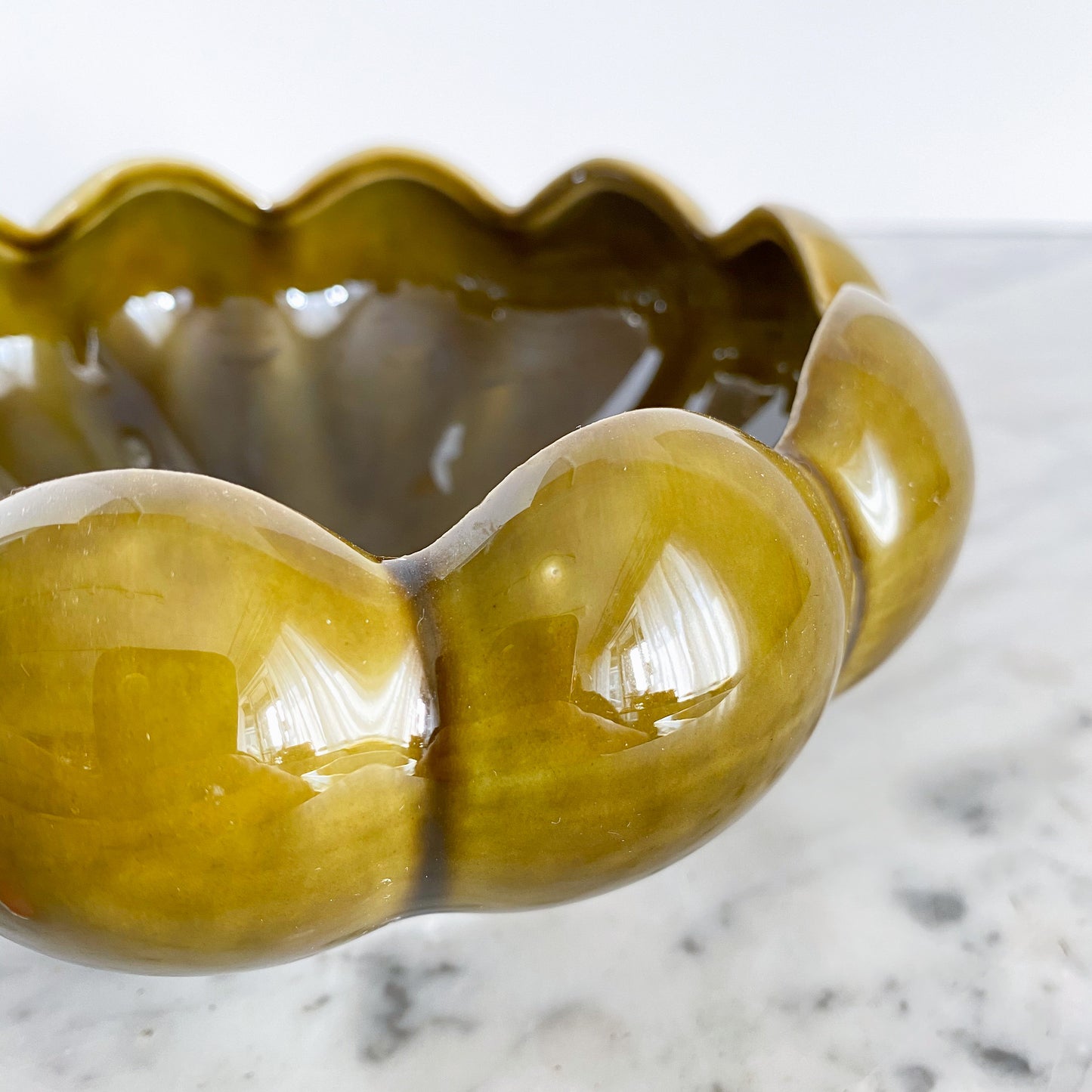 Vintage Ceramic Scalloped Planter in Olive