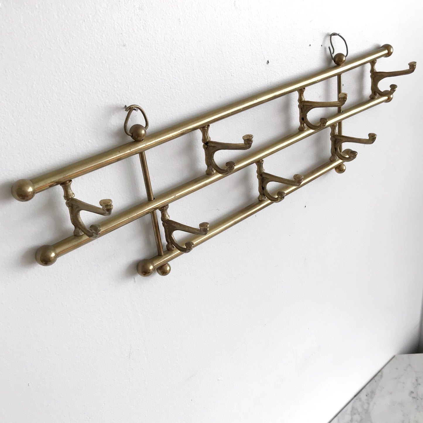 Vintage Solid Brass Coat Rack, 7 Double Hooks