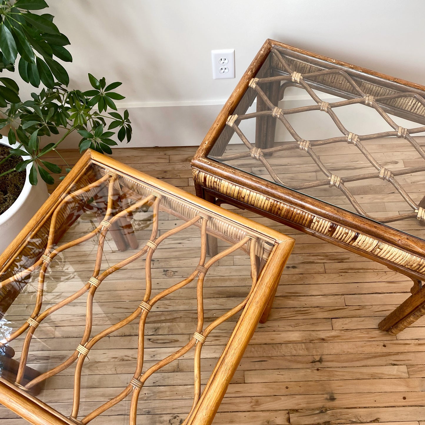 Vintage Rattan + Glass End Table / Side Table