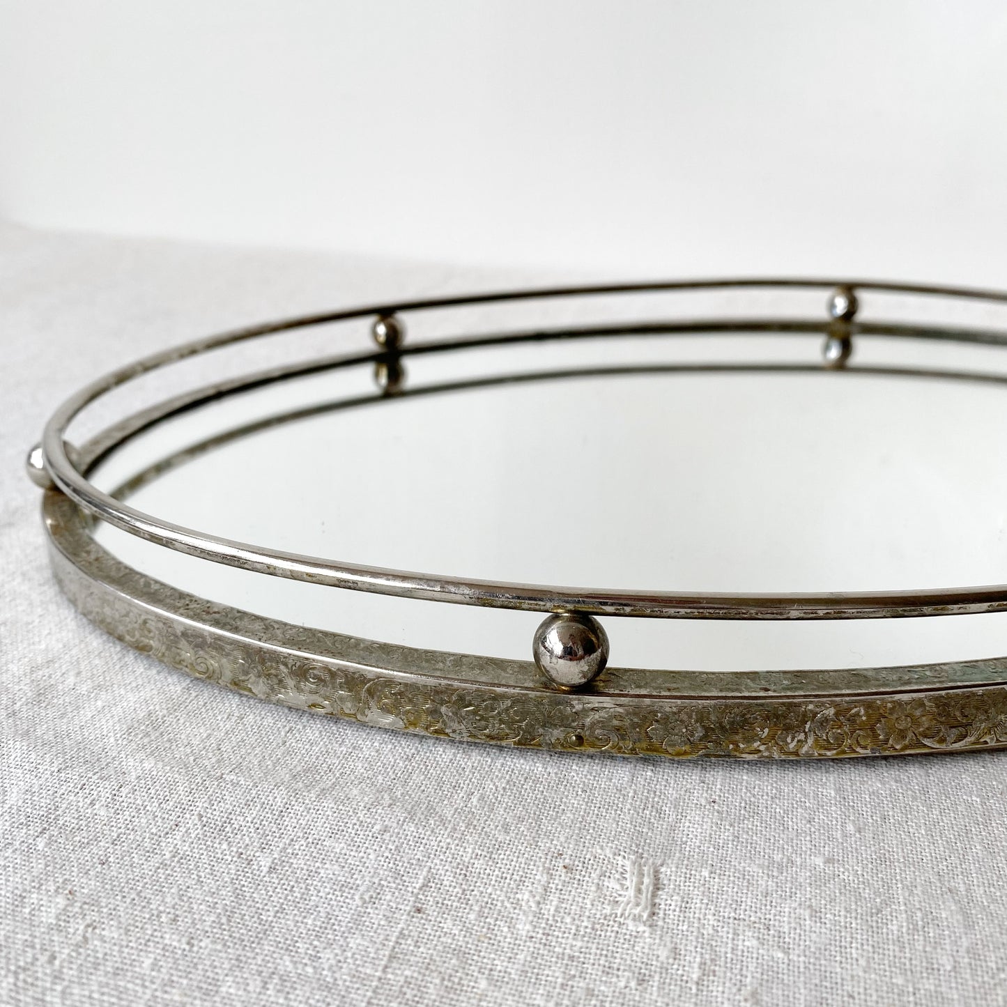 Vintage Oval Mirrored Tray with Silver Rim + Rail