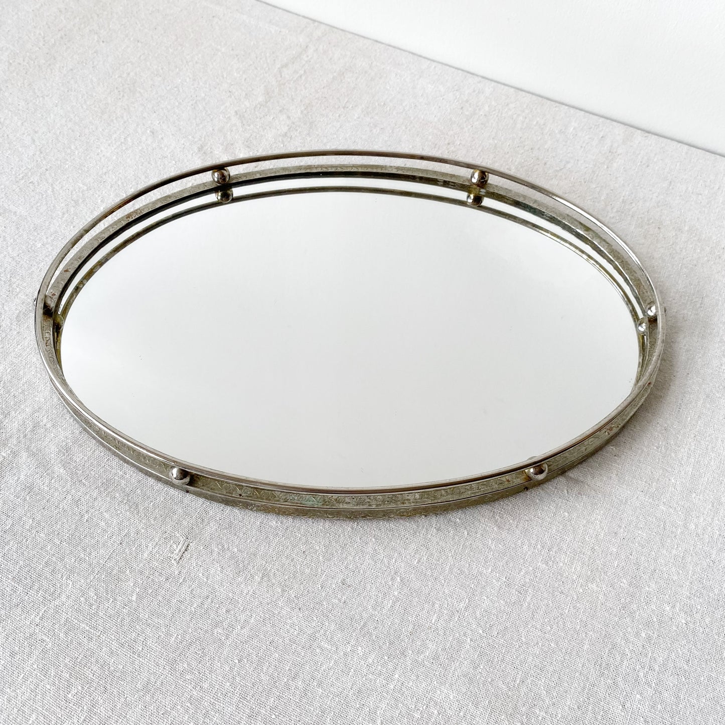 Vintage Oval Mirrored Tray with Silver Rim + Rail