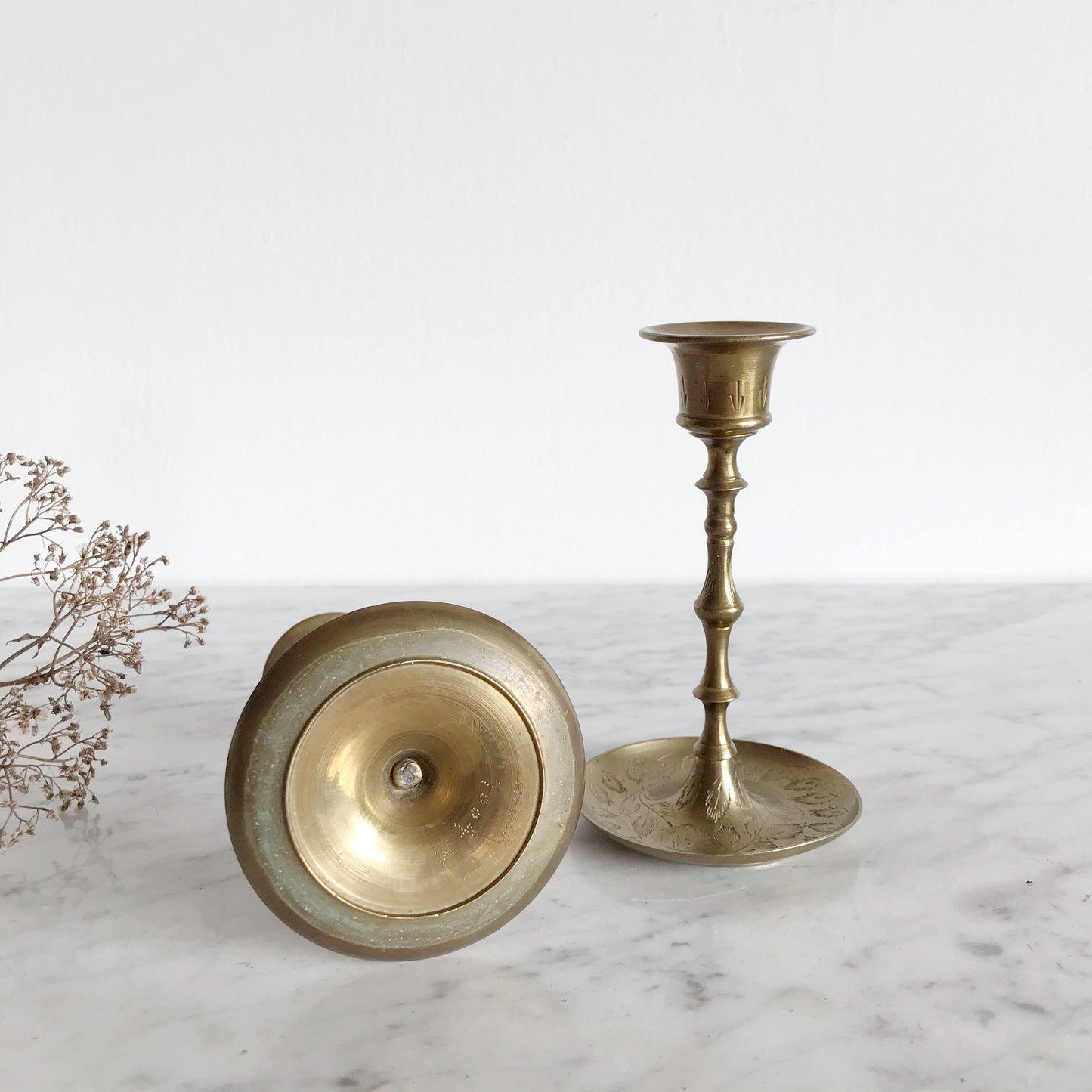 Pair of Vintage Etched Brass Candle Holders