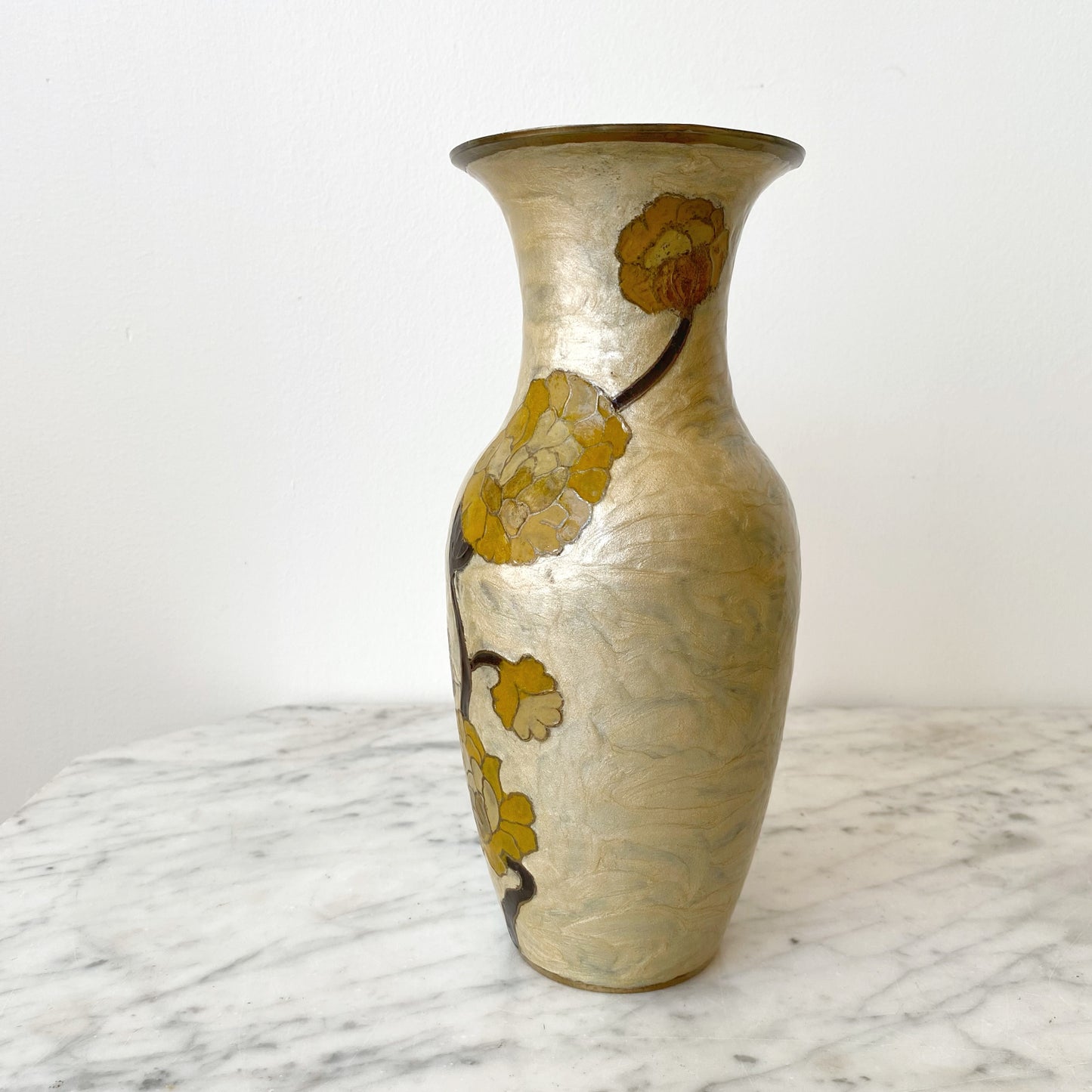 Large Vintage Enameled Brass Flower Vase