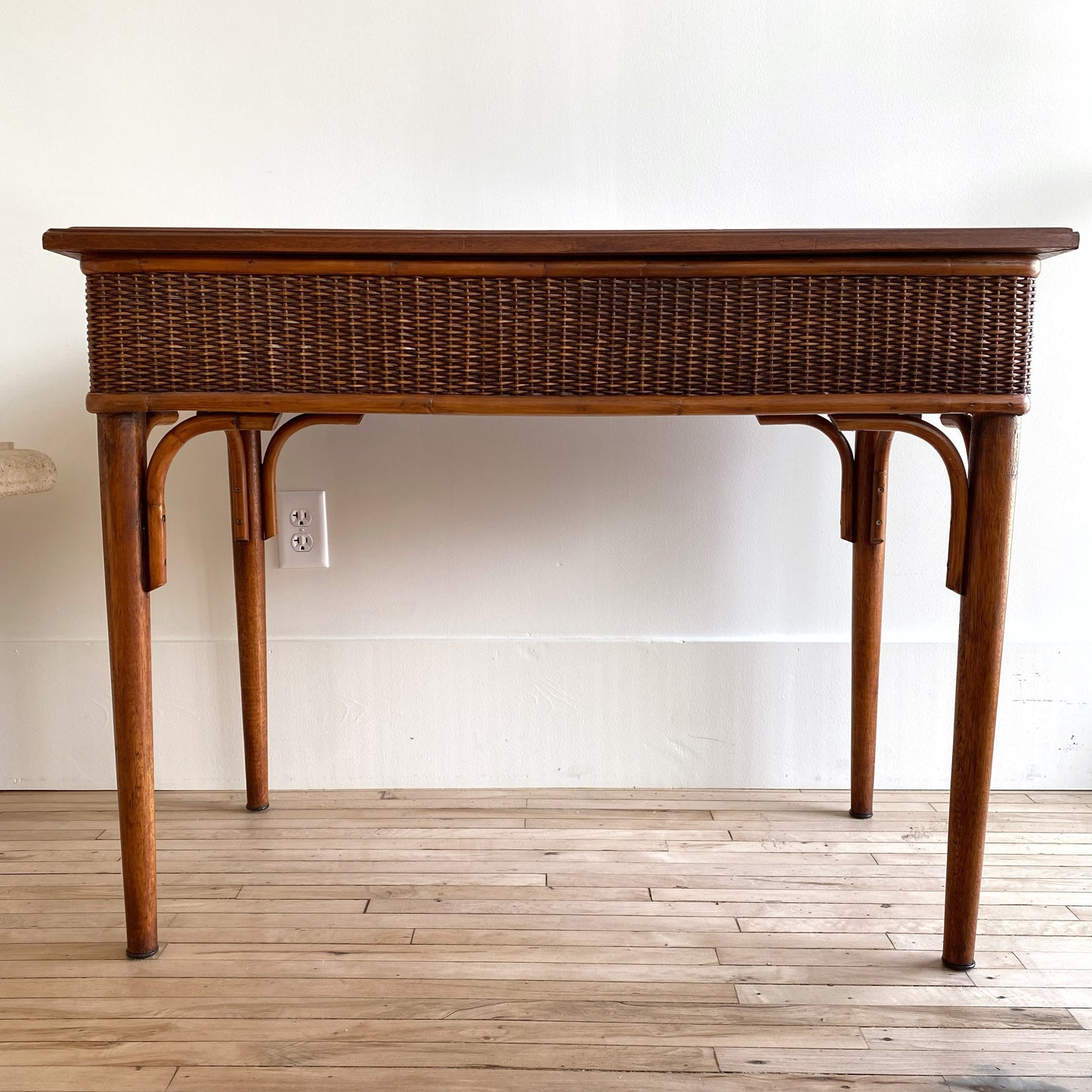 Dark Wicker Desk / Vanity with Glass Top