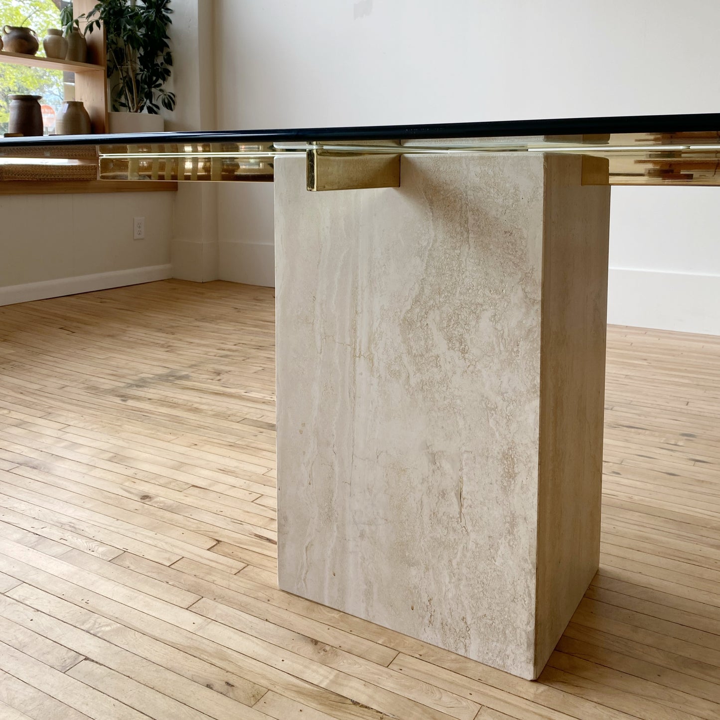 Vintage Italian Travertine + Glass Dining Table