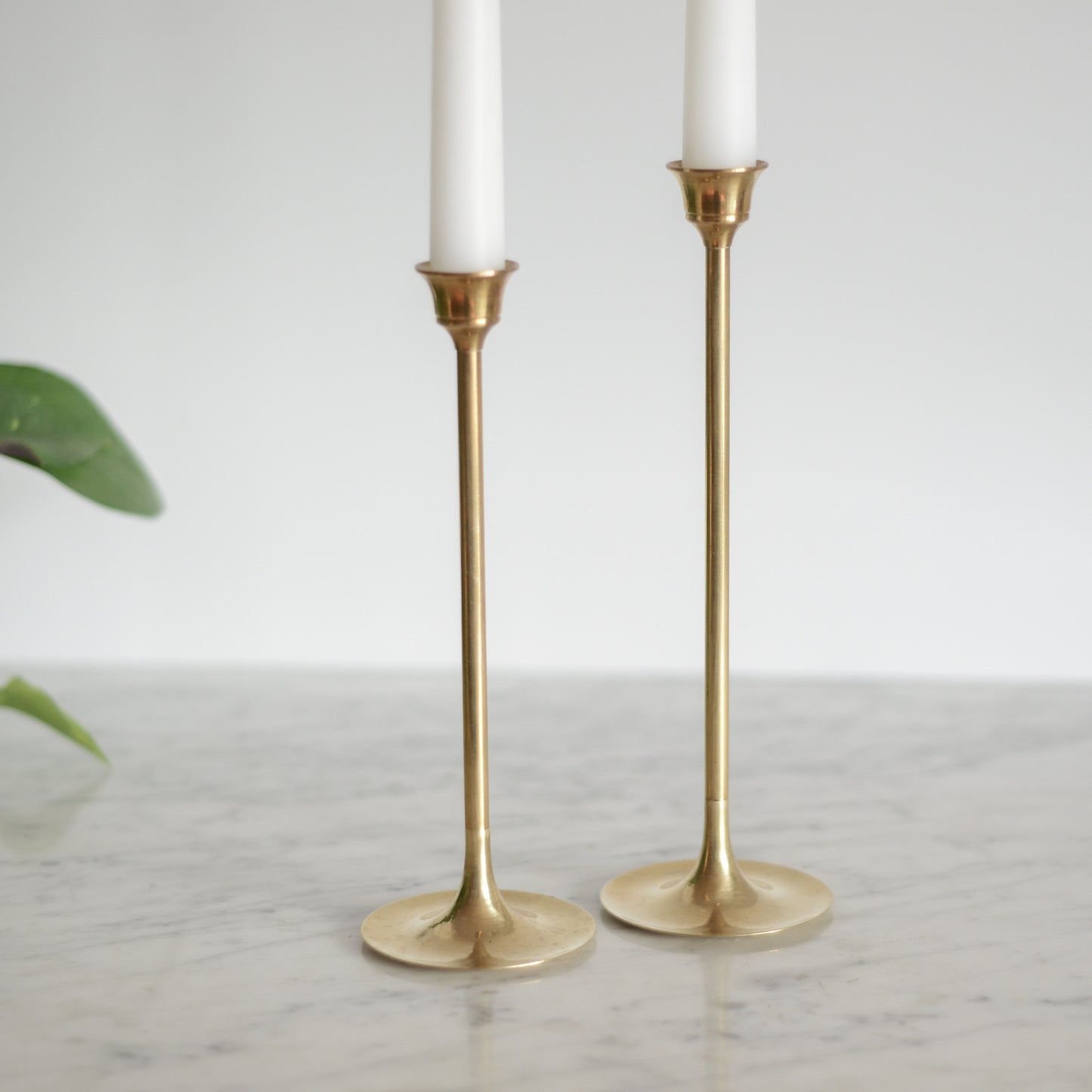 Pair of MCM Slender Brass Candle Holders