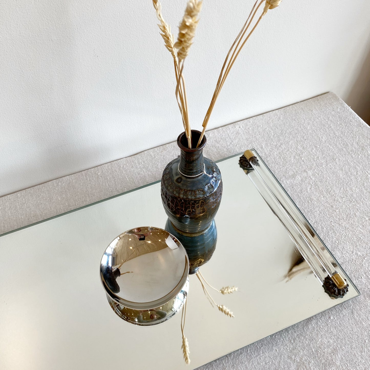 Vintage Mirror Dresser Tray with Glass Handles