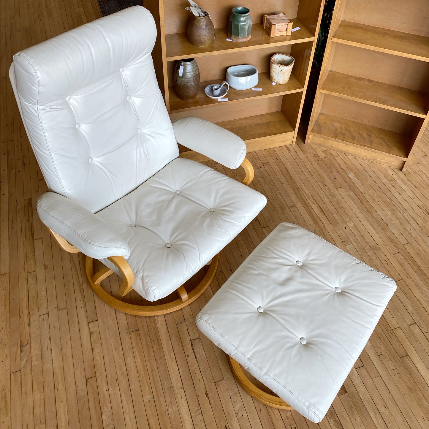 Vintage White Leather Recliner + Footrest by Plycraft