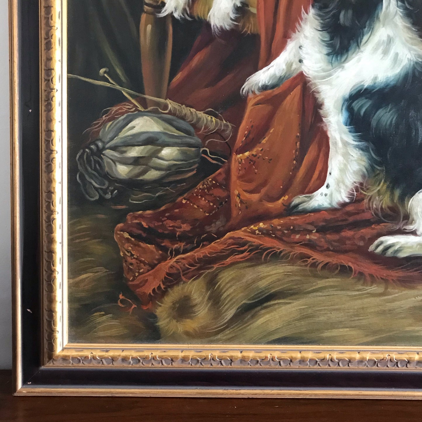 XL Vintage Framed Oil Painting of Spaniels (33.5 x 41.5)