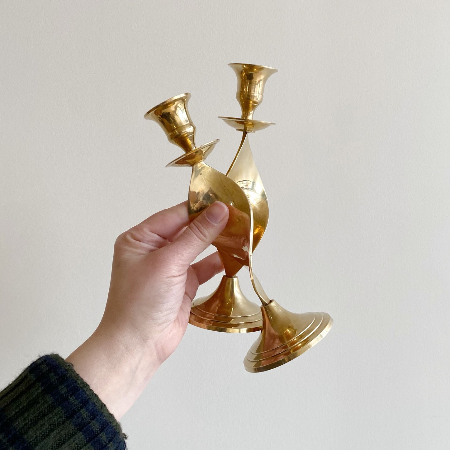 Pair of Mid-Century Spiral Brass Candle Holders