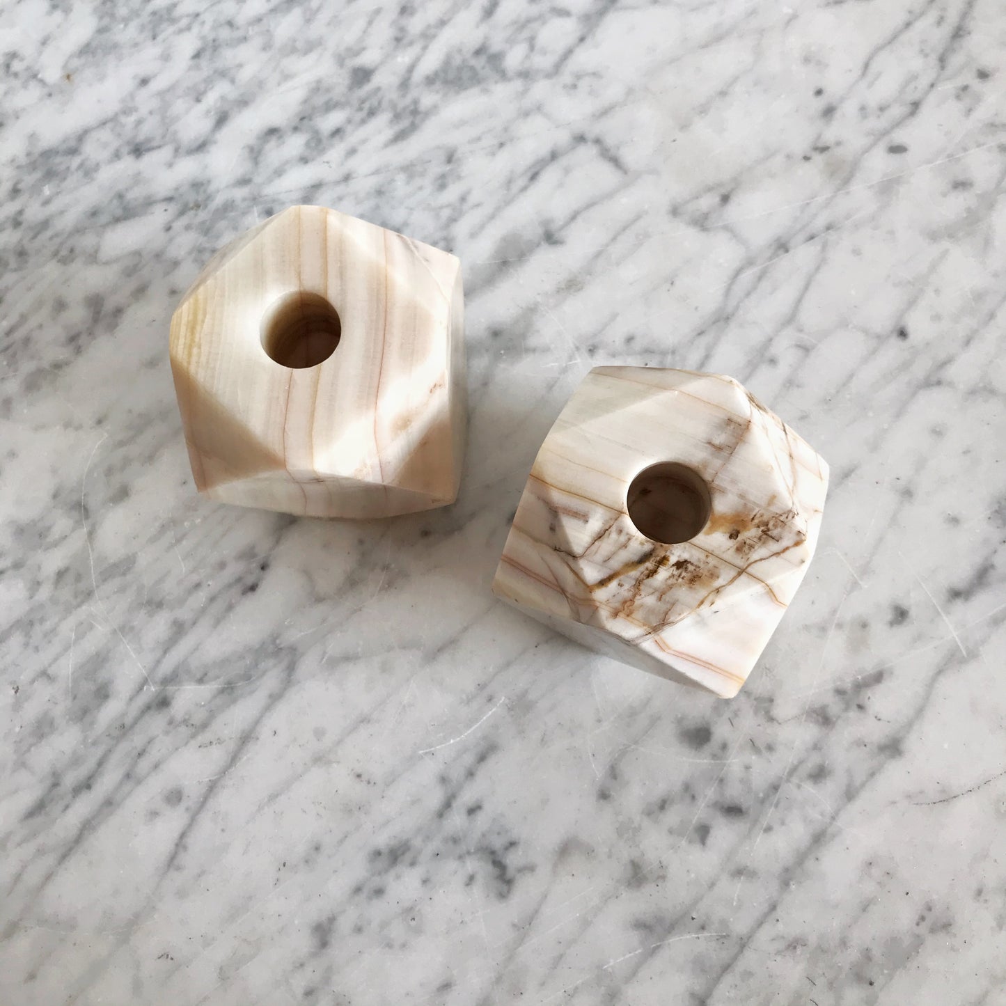 Pair of Vintage Geometric Marble Candle Holders