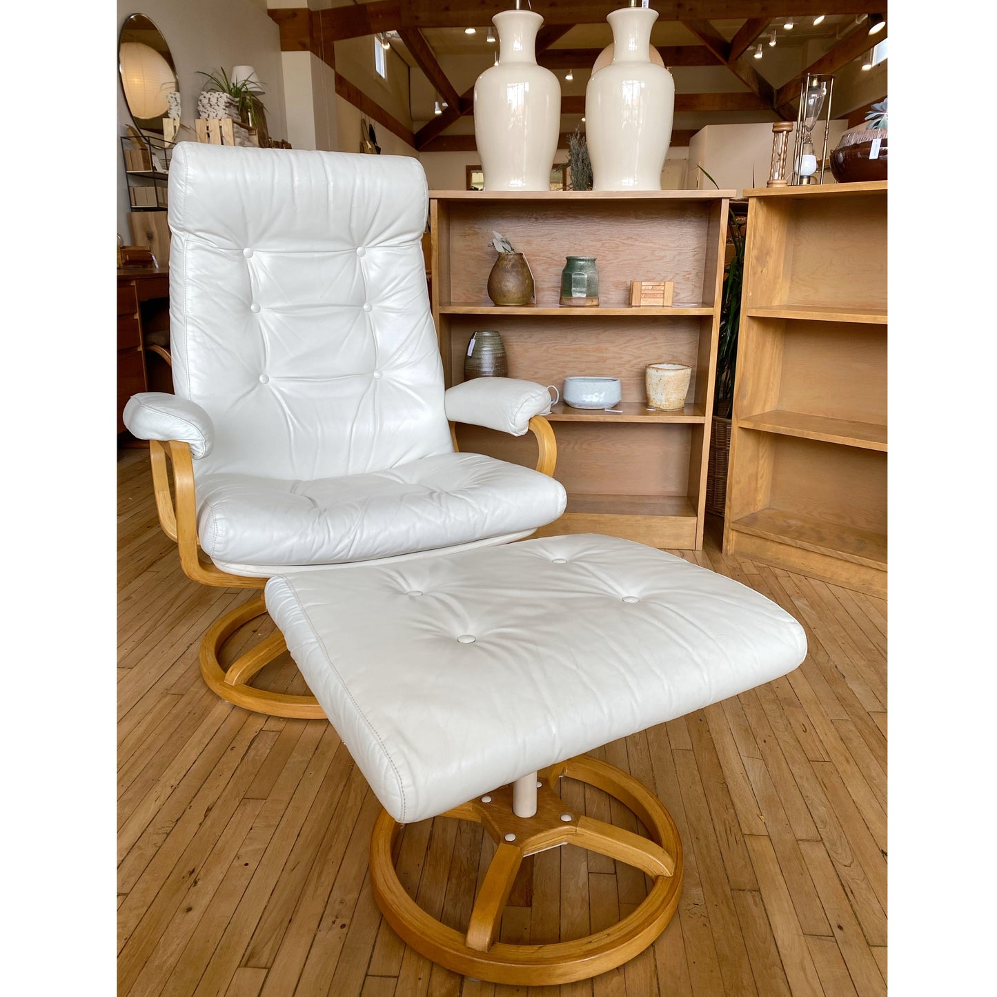 Vintage White Leather Recliner + Footrest by Plycraft