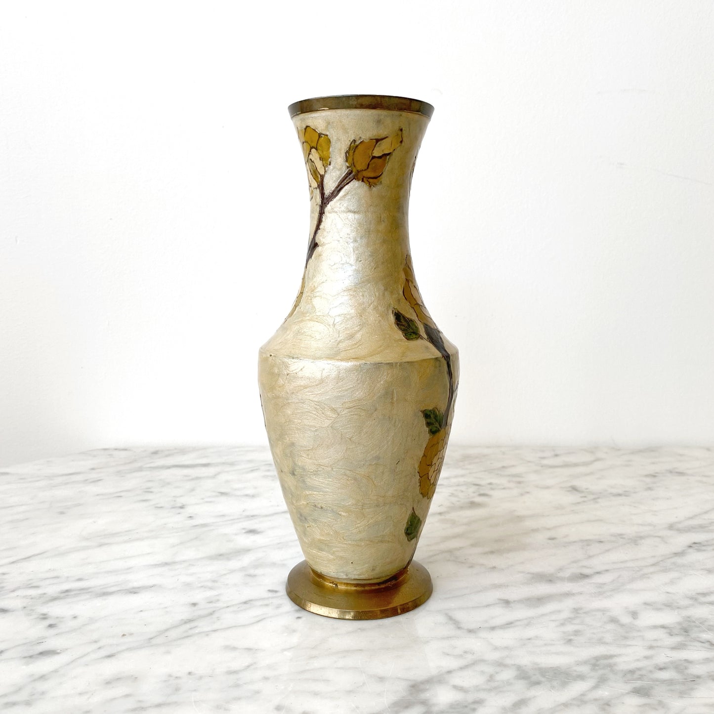 Large Vintage Enameled Brass Flower Vase