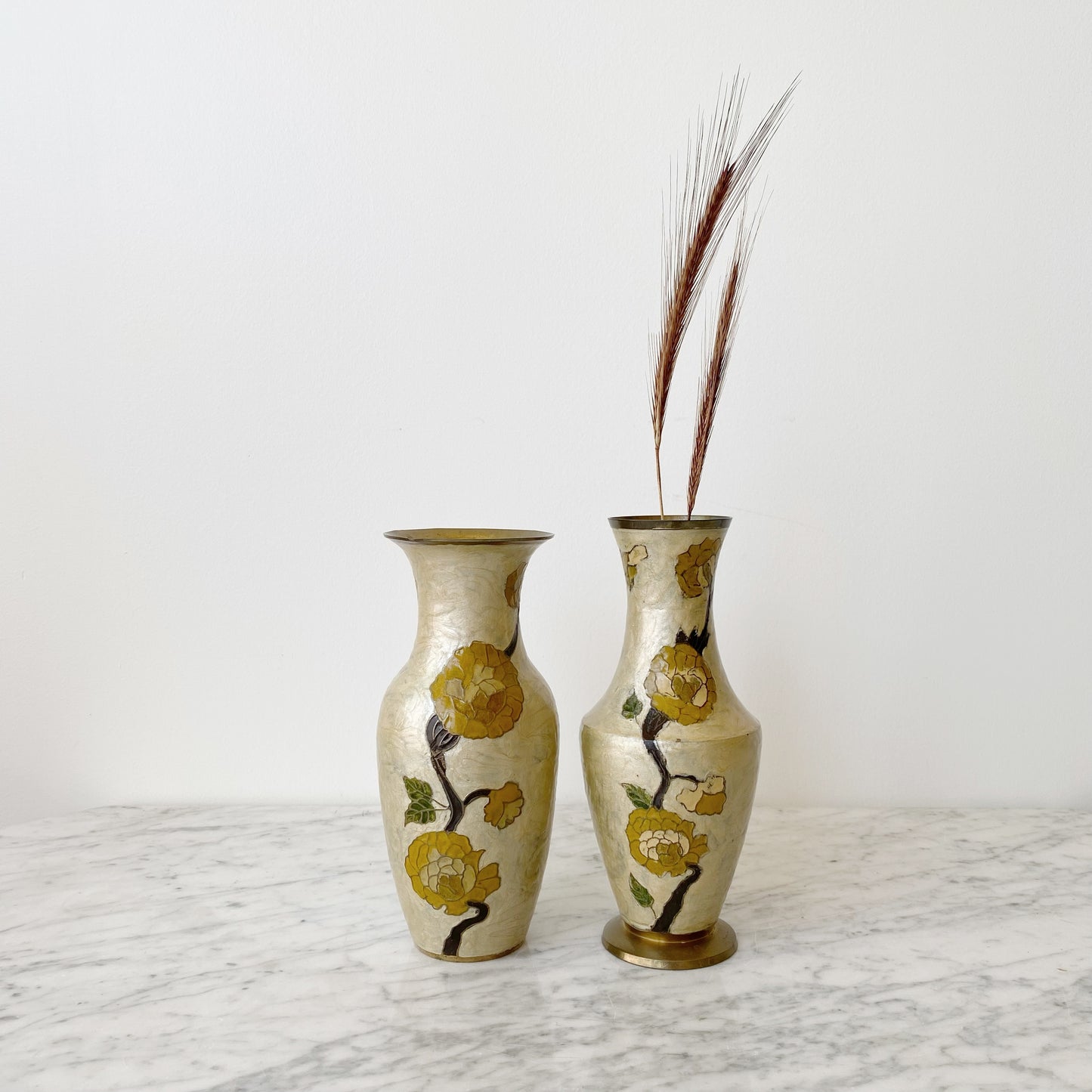Large Vintage Enameled Brass Flower Vase