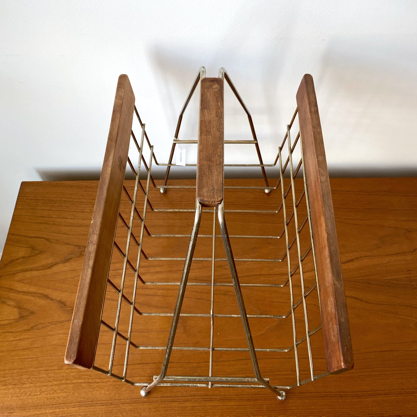 Vintage MCM Wire + Wood Magazine Rack