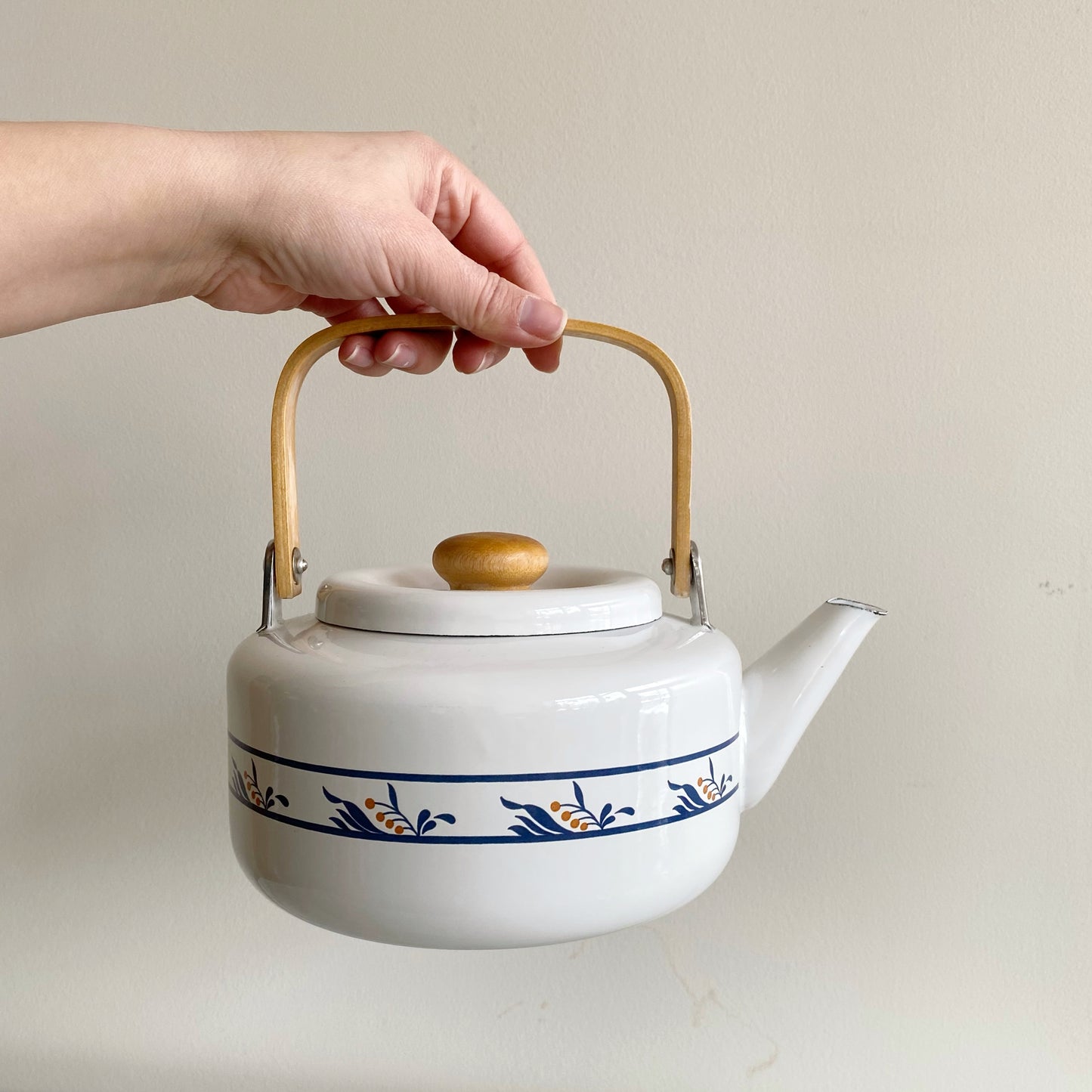 Vintage Enamel Tea Kettle with Floral Design