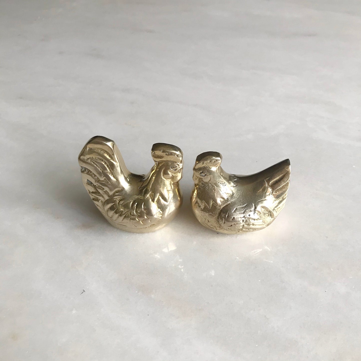 Vintage Polished Brass Hen + Rooster Pair