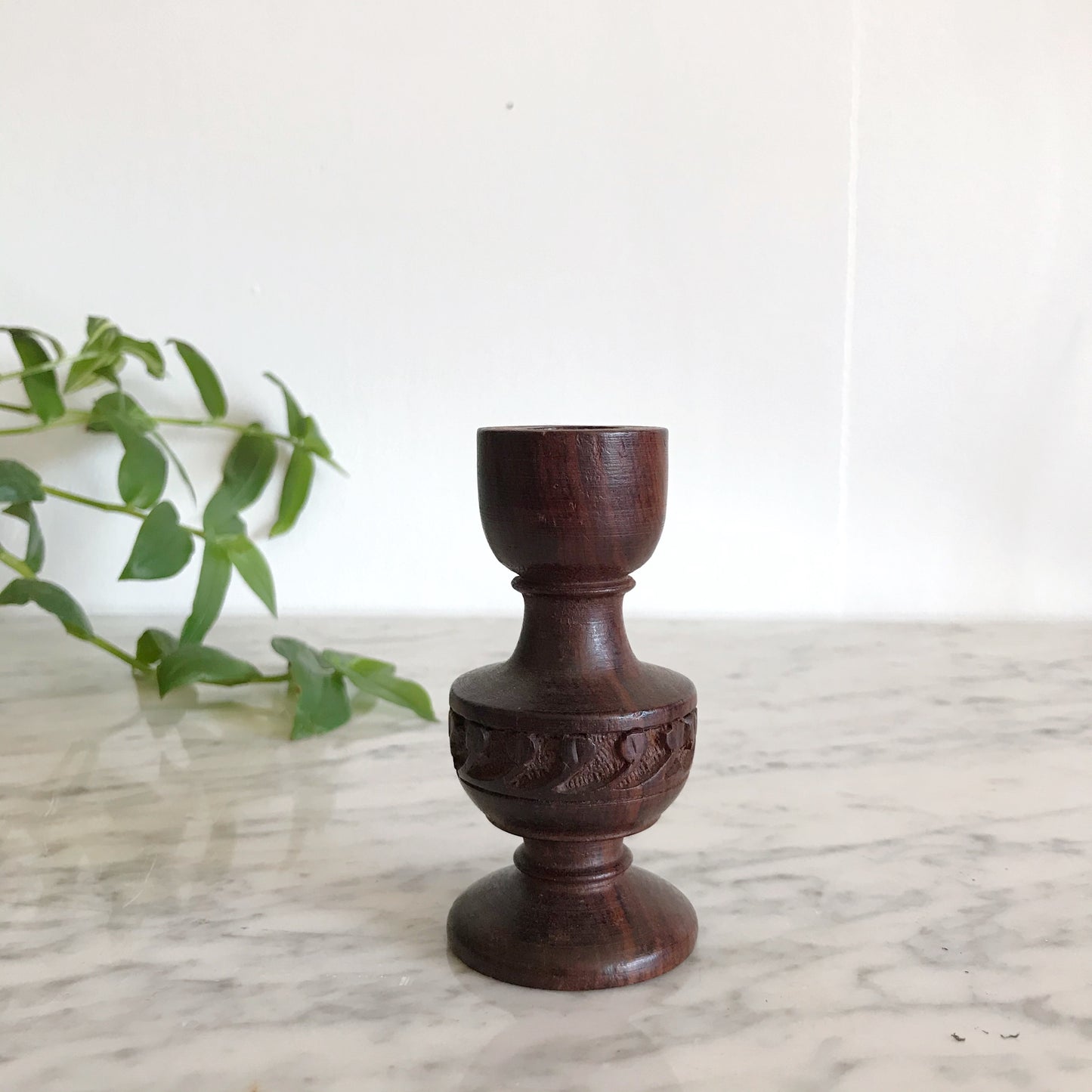 Carved Wood Candlestick Holder, India