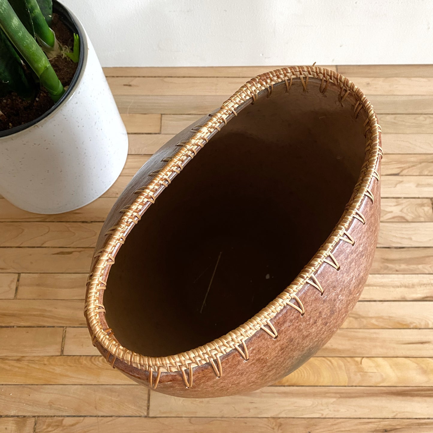 Oversized Vintage Clay Vase with Rattan Edge