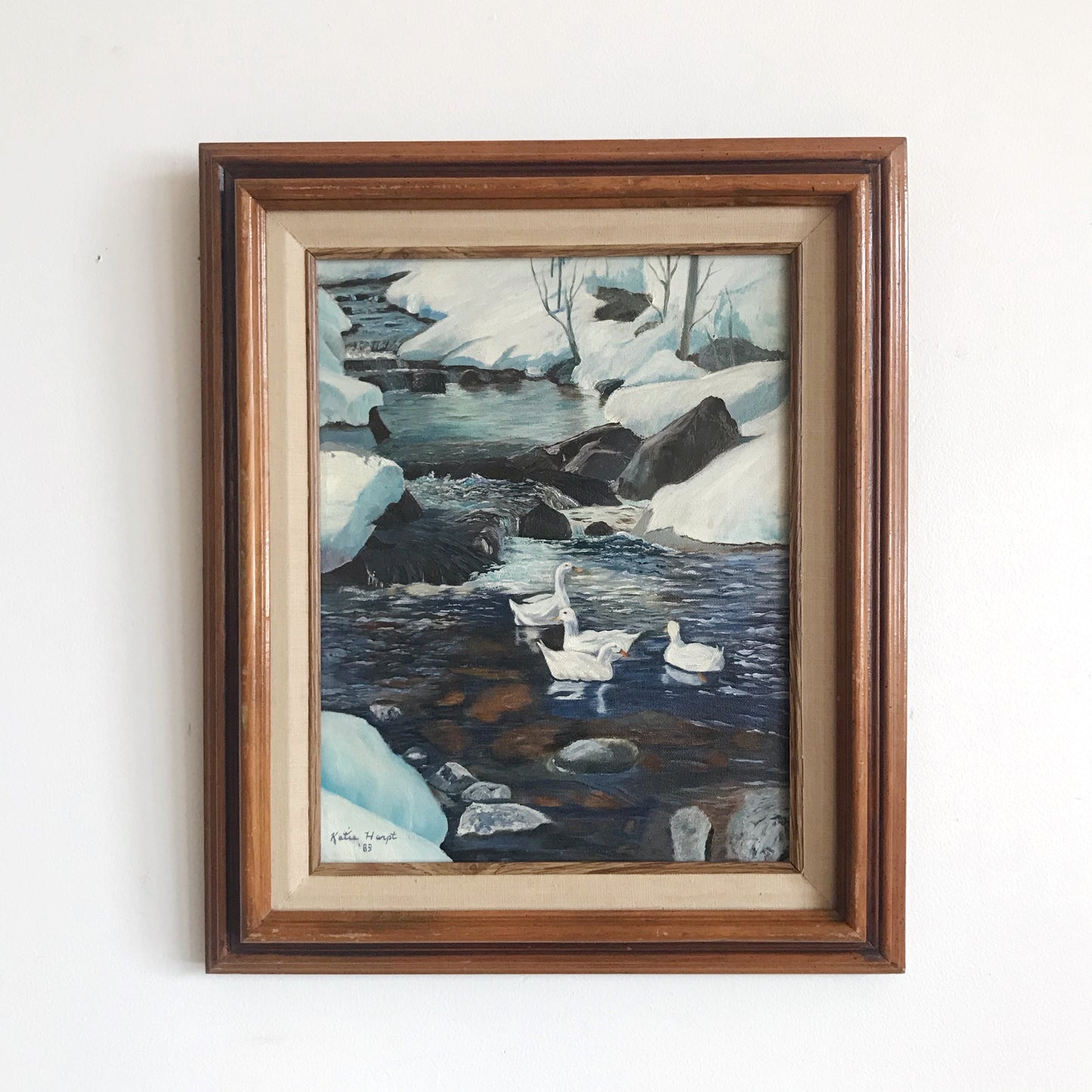 Vintage Original Painting, Winter Ducks