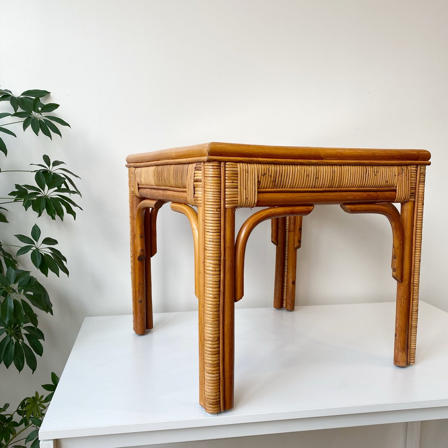 Vintage Rattan + Glass End Table / Side Table