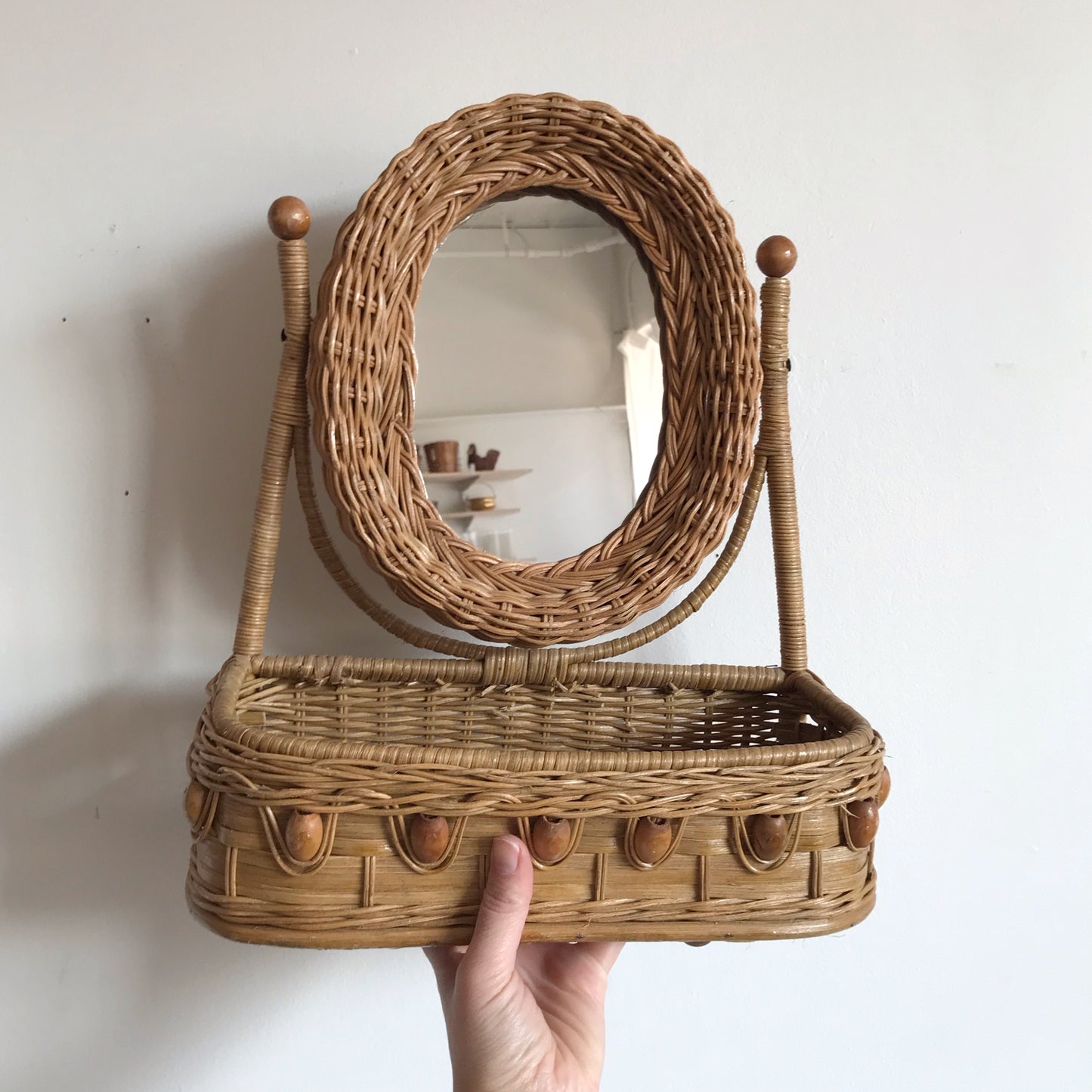 Vintage Wicker Vanity Shelf with Mirror