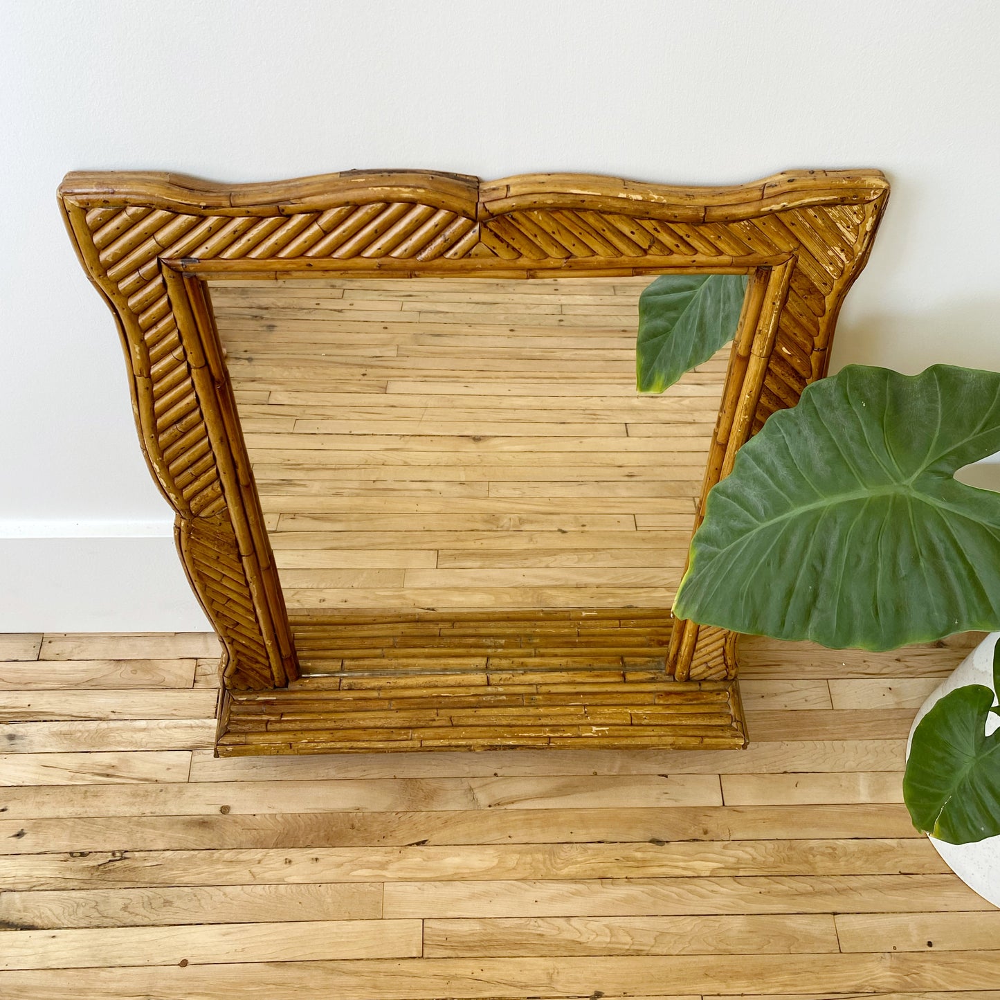 Large Vintage Rattan Mirror with Shelf (24.25" x 30")