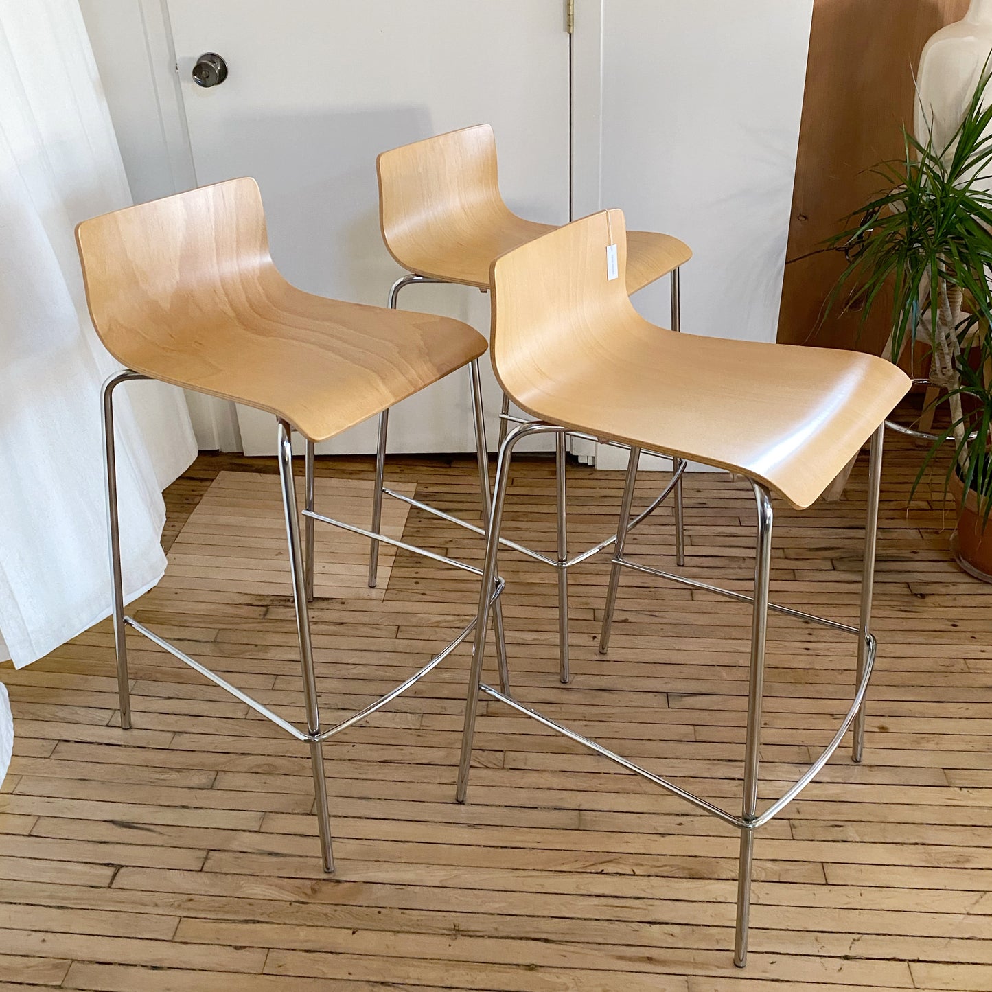 S/3 Contemporary Wood + Chrome Bar Stools
