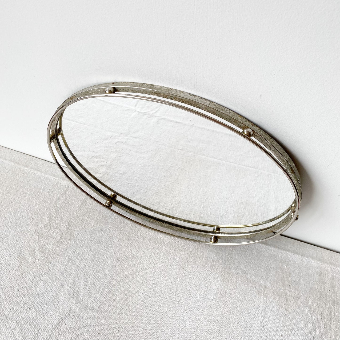Vintage Oval Mirrored Tray with Silver Rim + Rail