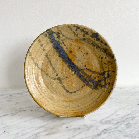 Vintage Pottery Plate with Blue Splatter Design