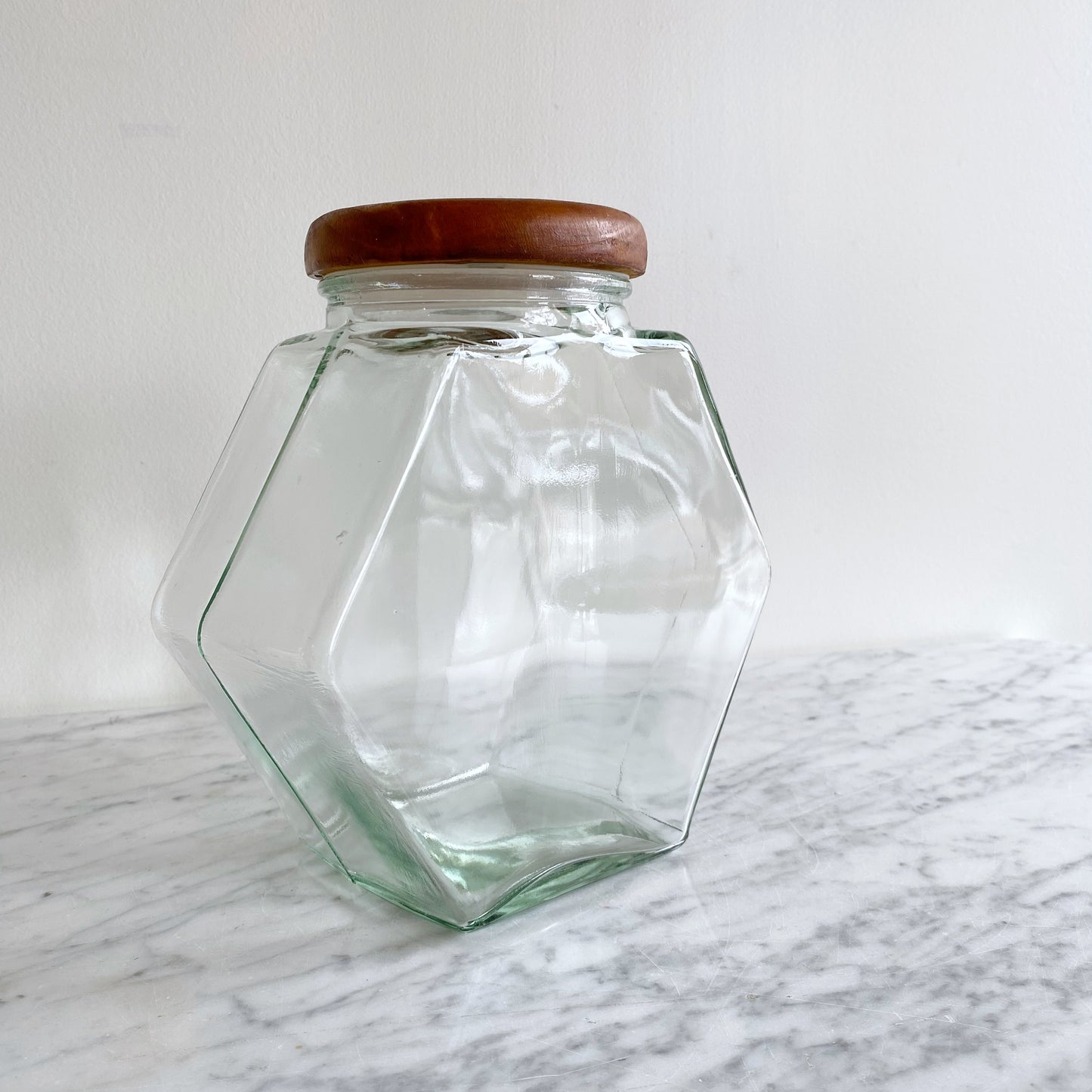 Vintage Glass Hexagon Container with Wood Lid