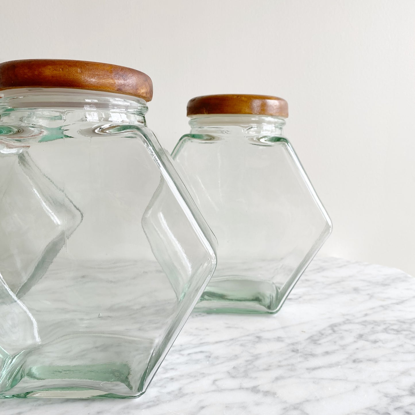 Vintage Glass Hexagon Container with Wood Lid