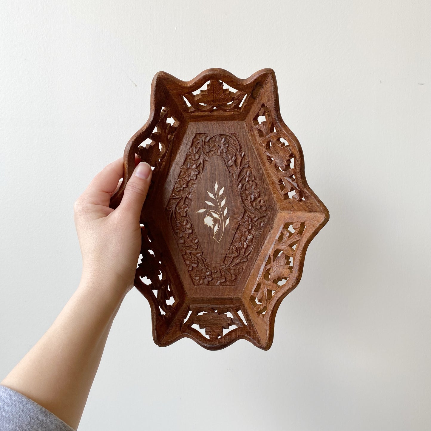 Vintage Carved Wood Tray with Inlay