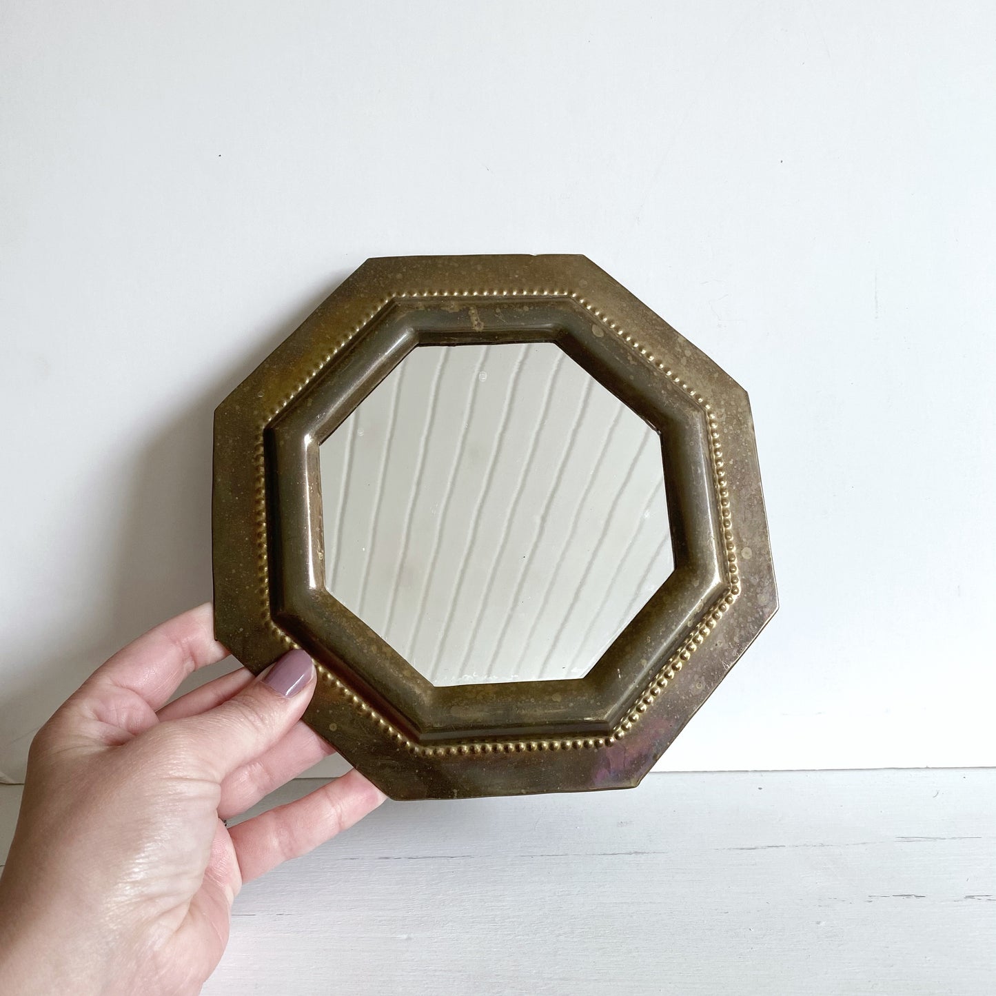 Small Vintage Octagonal Solid Brass Mirror, India