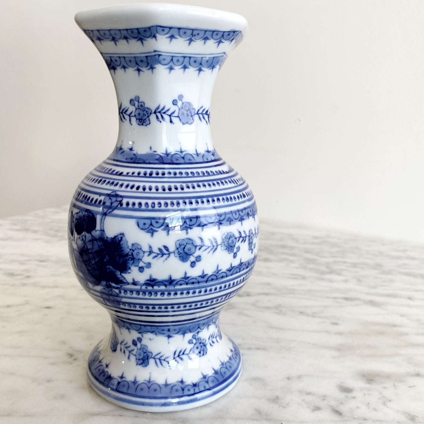 Vintage Blue + White Porcelain Vase, 8"