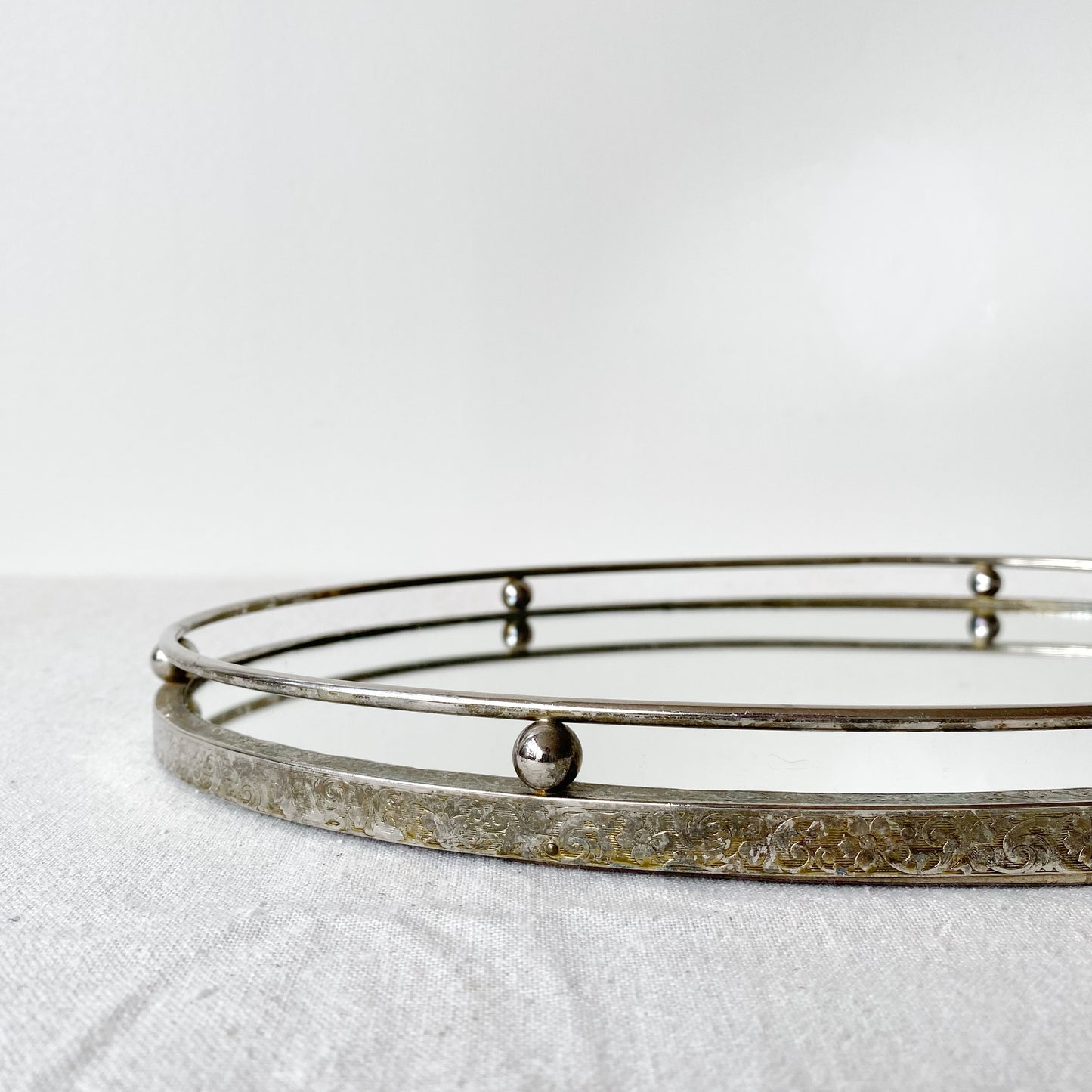 Vintage Oval Mirrored Tray with Silver Rim + Rail