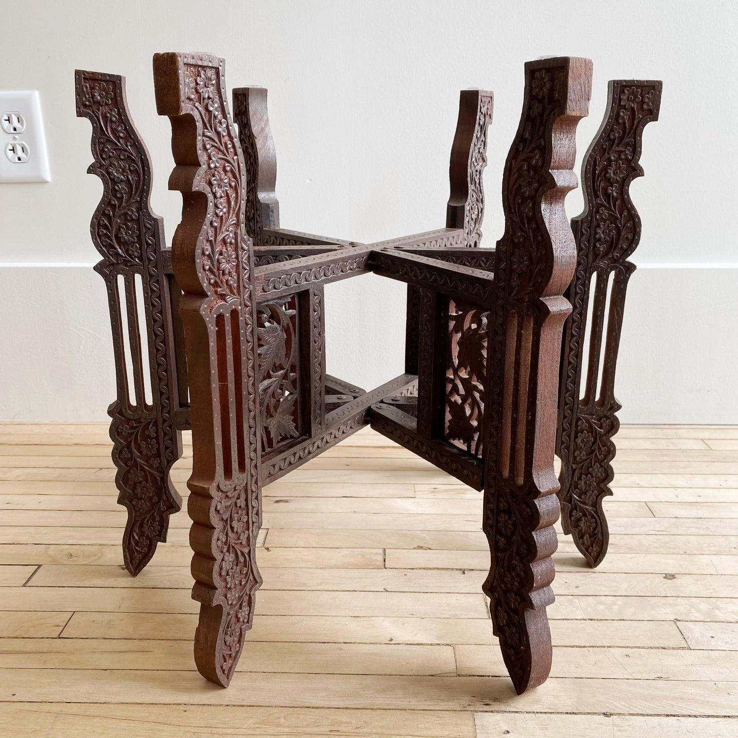 Vintage Carved Wood and Brass Tray Table