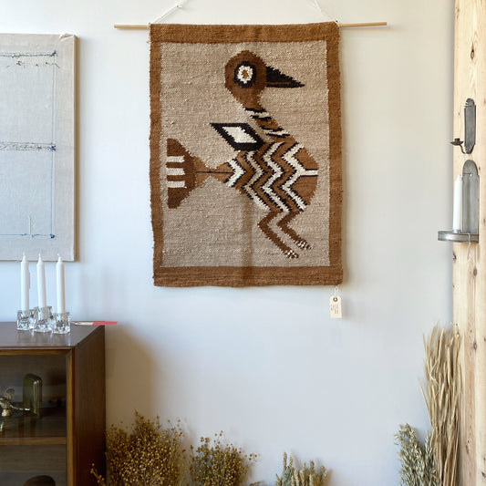 Vintage Woven Wall Hanging / Textile with Bird