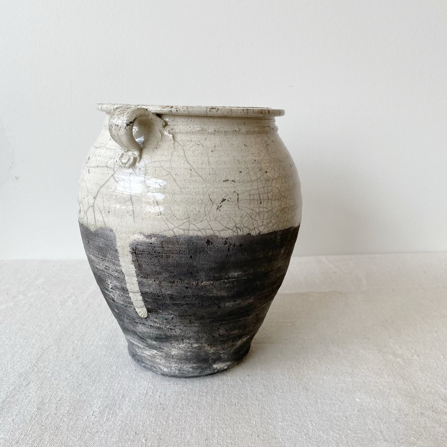 Large Vintage Clay Vase, Charcoal & White