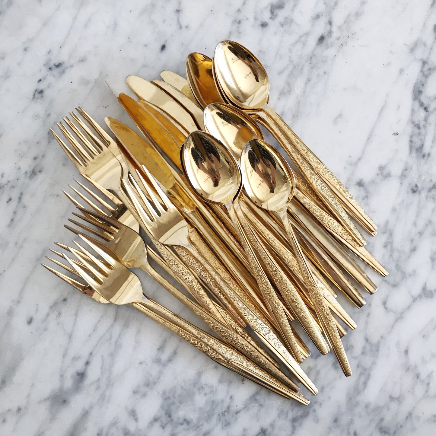 Vintage Gold Flatware, Floral Pattern, 28-piece