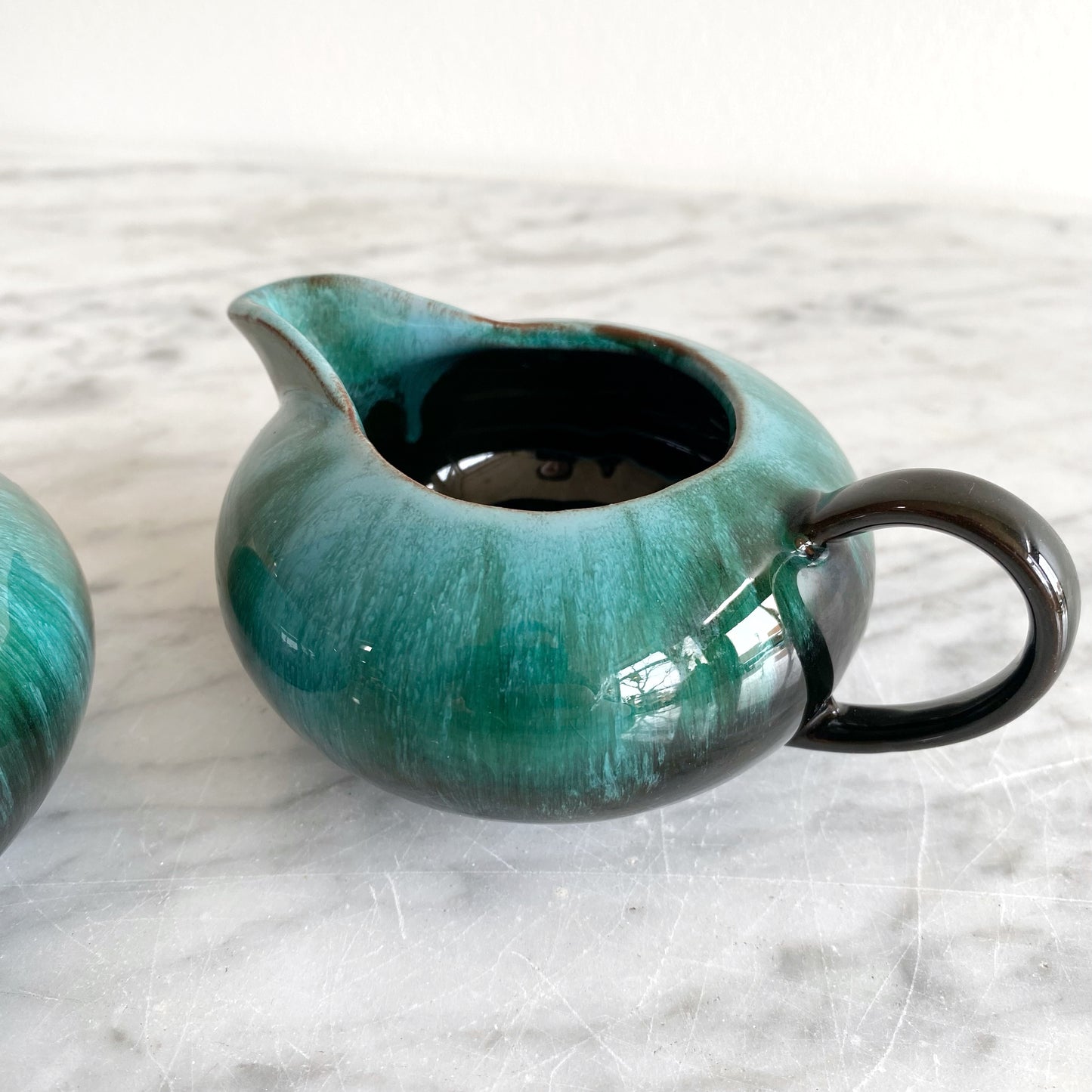Set: Vintage Green Ceramic Cream Sugar