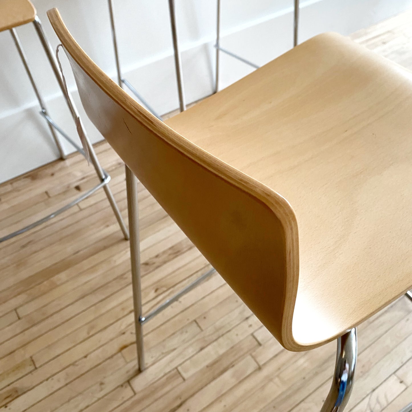S/3 Contemporary Wood + Chrome Bar Stools