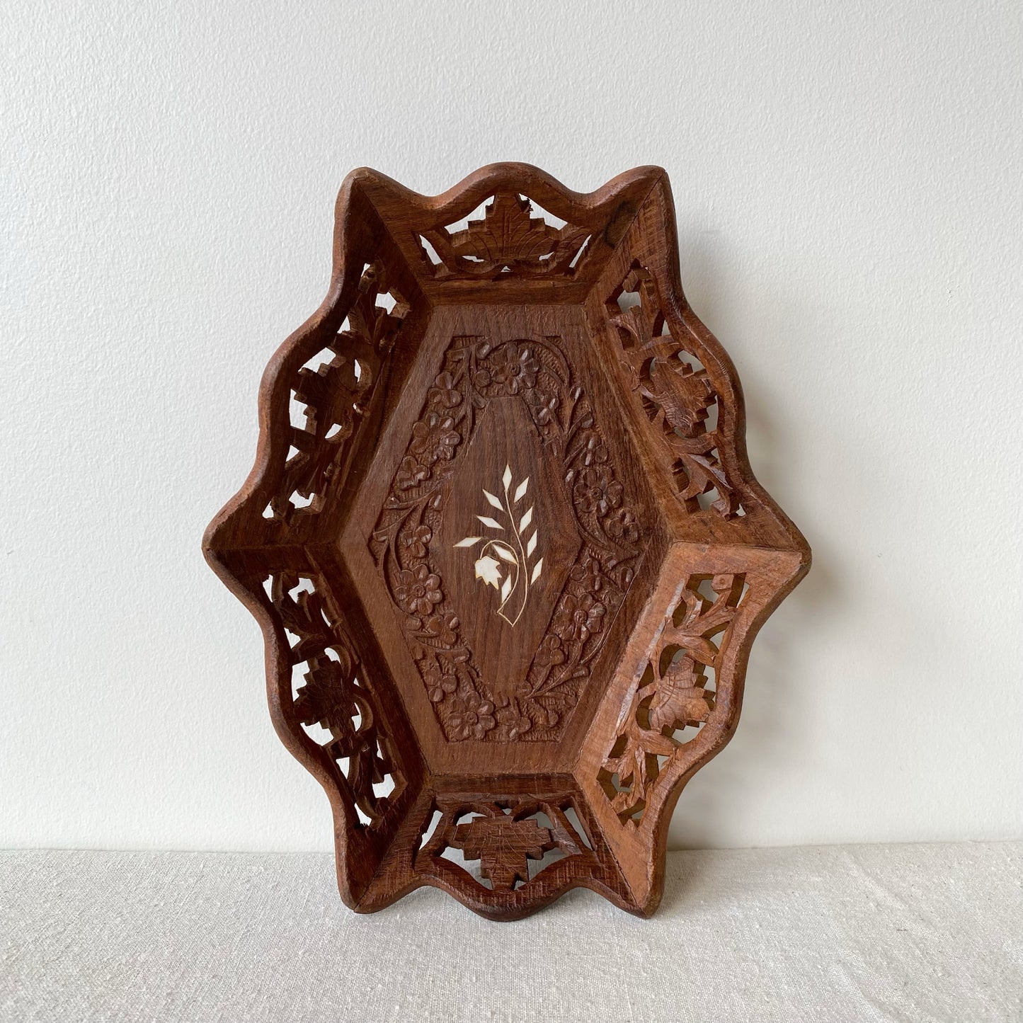 Vintage Carved Wood Tray with Inlay