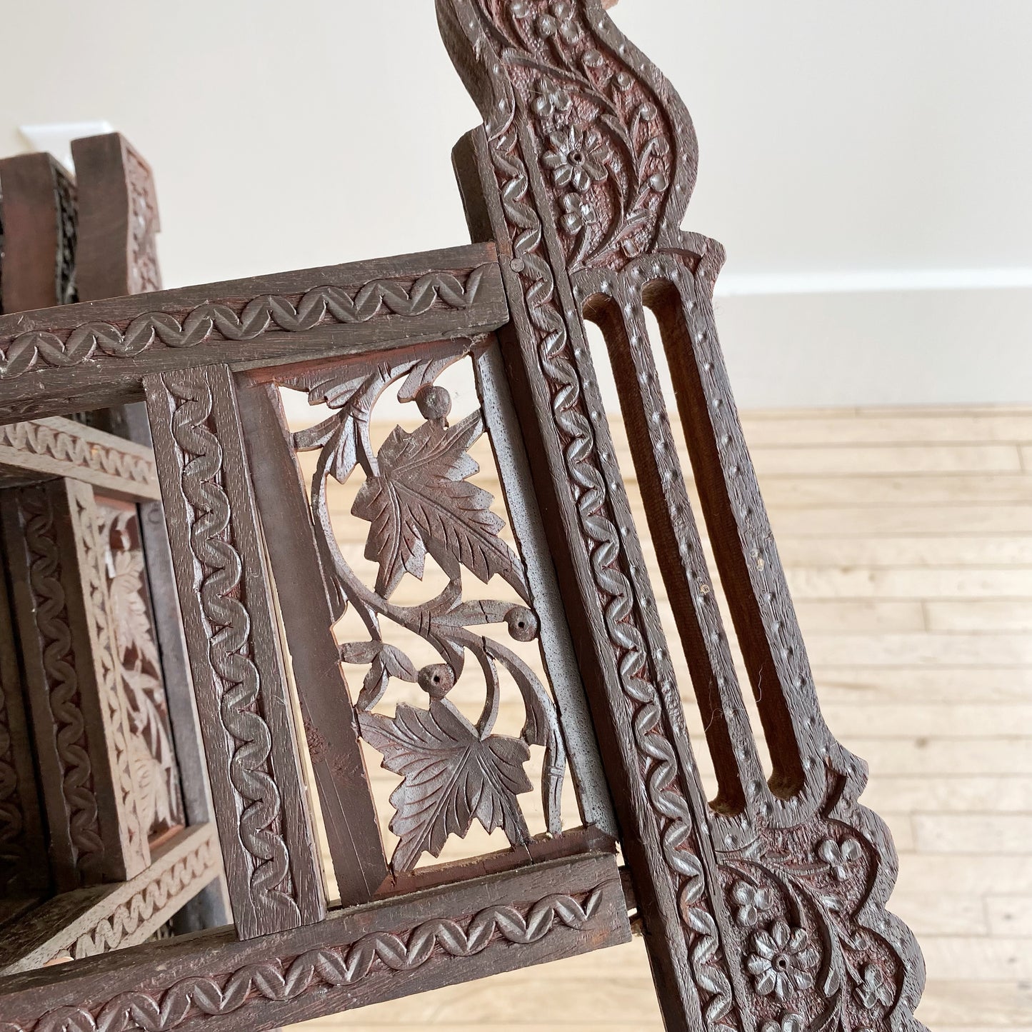 Vintage Carved Wood and Brass Tray Table
