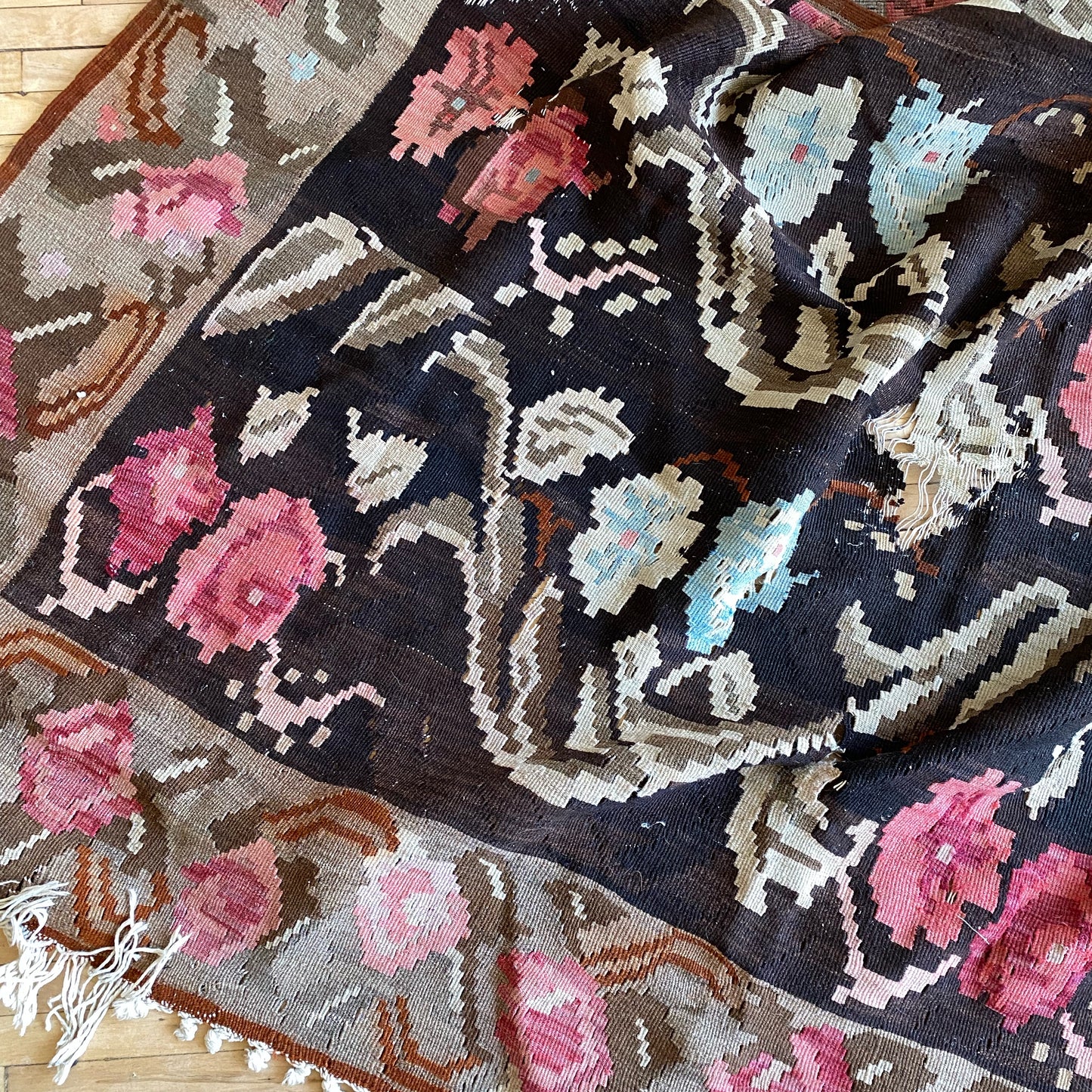 Vintage Handmade Floral Flat-Weave Rug (As-Is)