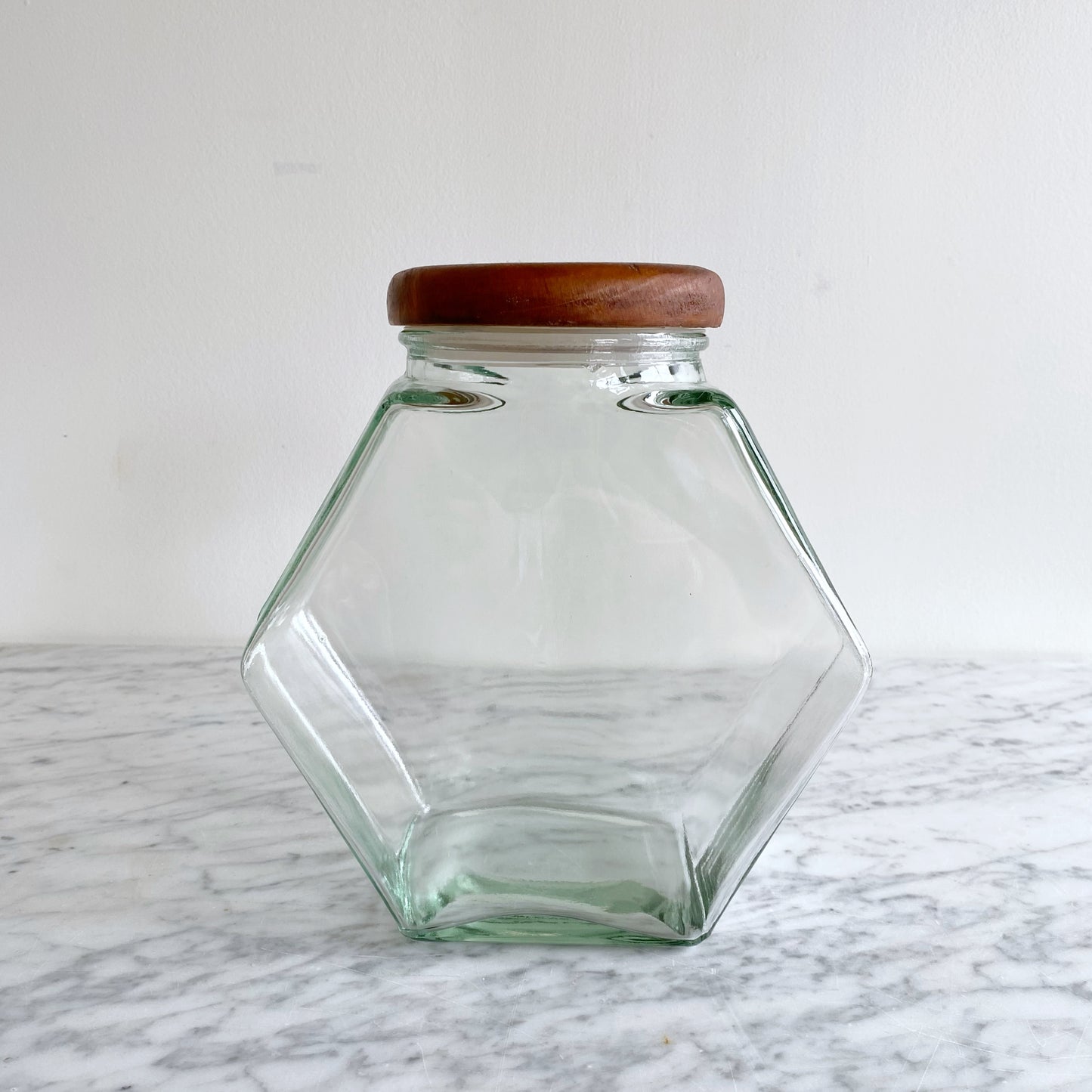 Vintage Glass Hexagon Container with Wood Lid